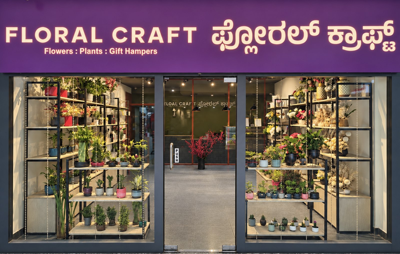 The Floral Craft shop front in Yelahanka New Town, its purple sign above open doors and shelves of plants and flowers