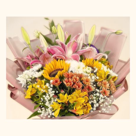 Sunflowers with orange and white chrysanthemums in a pale pink wrap