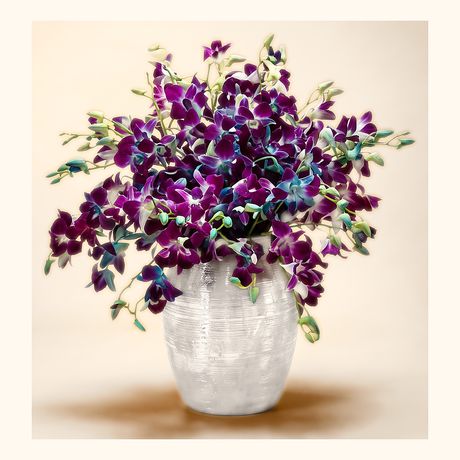 Blue and purple orchids in a silver vase