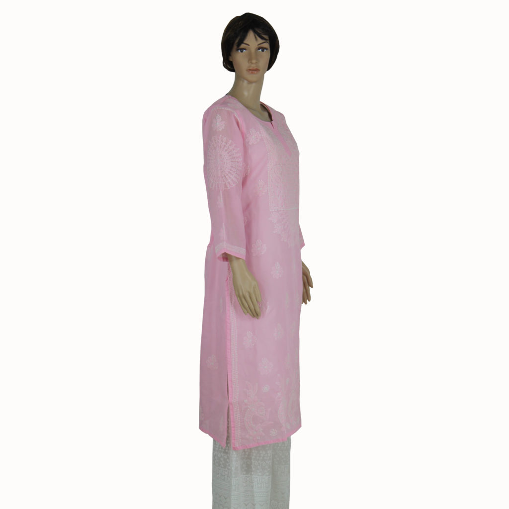 Light Pink Hand Embroidered Cotton Kurti For Women