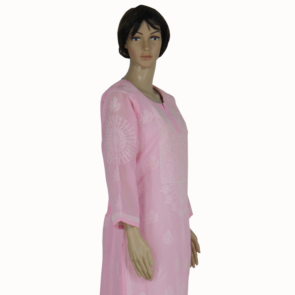 Light Pink Hand Embroidered Cotton Kurti For Women